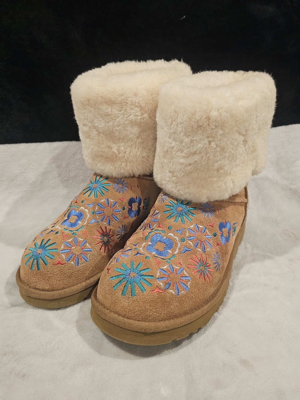 UGG Shearling Cuff Embroidered Suede Snow Boot-Tan with Blue Floral Accents-Sz 9